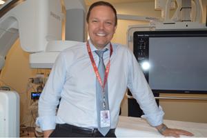 Cardiac electrophysiologist, Dr. Mathew Hutchinson, in the EP cardiac catheterization lab