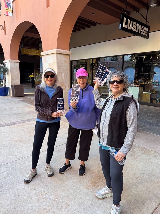 [Three of the 14 people – including retired cardiologist Dr. Tom Lassar's wife, Jane –who took part in inaugural Sarver Steppers at La Encantada walking club event]