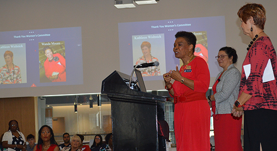 Wanda F. Moore, co-chair of the Women's Heart Health Education Committee with co-chair Kathleen Wishnick and Dr. Nancy Sweitzer.